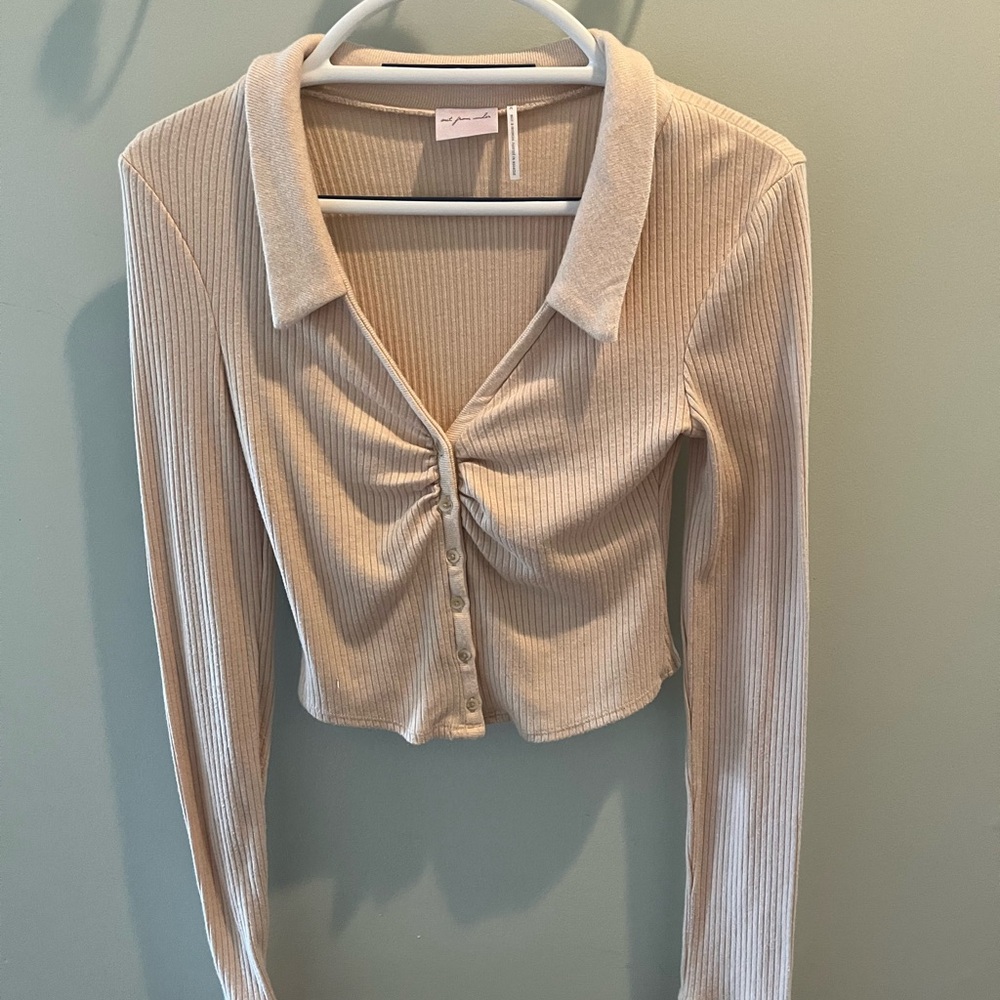 Urban Outfitters Beige Ribbed Button-Front Collared Top